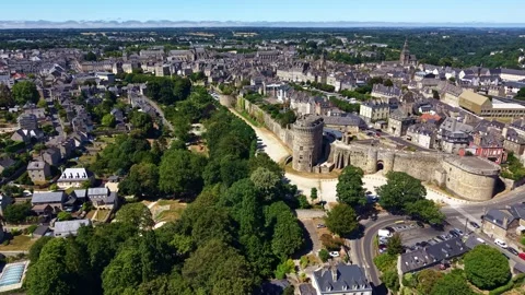 Drone oblique pullback above Château de Dinan and medieval fortified city France Stock Footage 340274945