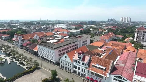 Drone old town slowly descending in the clear sky Stock Footage 214391237