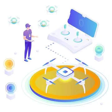 Drone operator with remote controller, quadcopter on podium, vector isometric Stock Illustration