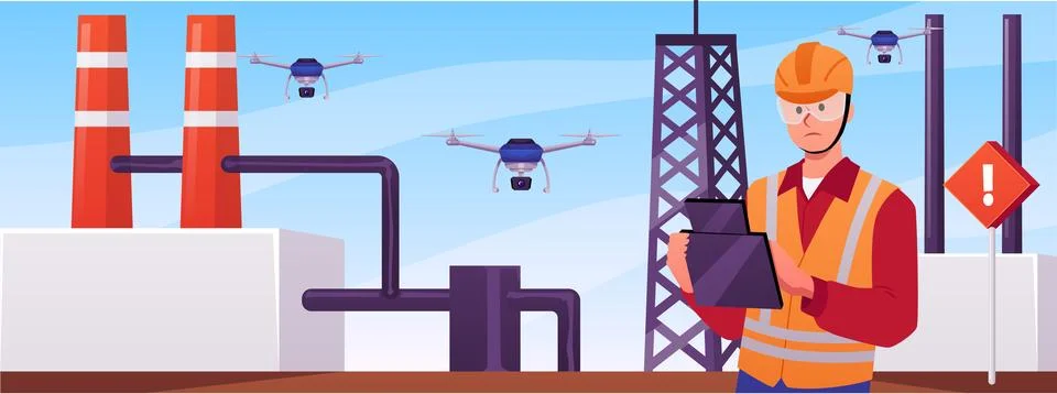 Drone operator using remote control on manufacture or factory, vector flat UAV Stock Illustration