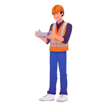 Drone operator using UAV remote control, vector flat engineer in orange helmet Stockillustratie