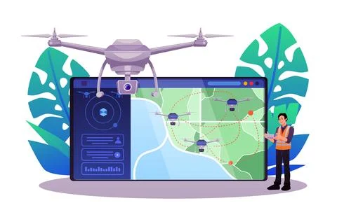 Drone operator using UAV remote control, vector flat map on computer screen with Stock Illustration