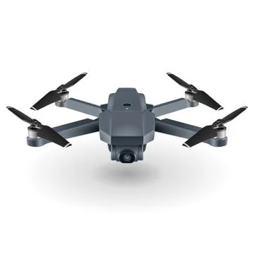 Drone or quadrocopter with camera. Gray color, white background. Stock Illustration