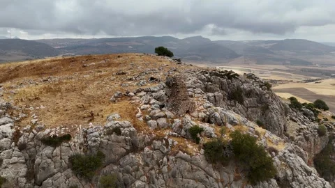 Drone Orbit Ancient Stone Tower Ruins Spain Stockbeeldmateriaal 331228351