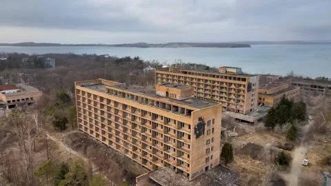 Drone Orbit Around Abandoned Sadgorod Mud Treatment Clinic Buildings,Vladivostok Stock Footage 341426877