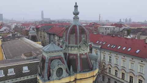 Drone orbit around dome of Ferenc Pfaff building near Esplanade Zagreb Stock Footage 321645708