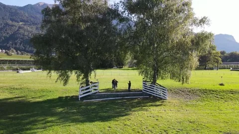 Drone orbit around filming team beside equestrian obstacle Stock Footage 331881020