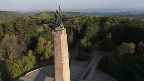 Drone Orbit Around Freedom Monument on Fruška Gora with Novi Sad View Stock Footage 316518322