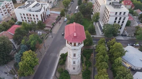 Drone Orbit Around Historic Chisinau Water Tower, Moldova Stock Footage 342028111
