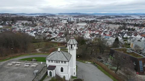 Drone Orbit Around Historic Valand Tower in Stavanger Stock Footage 336200245