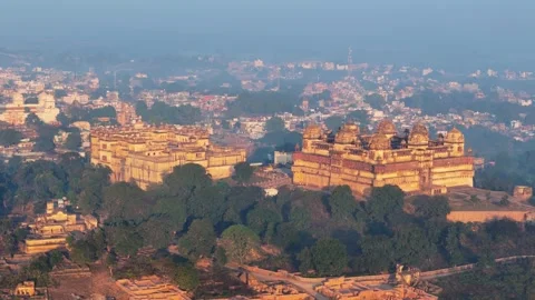 Drone Orbit Around Jahangir and Raja Mahal, Orchha-4 Stock Footage 345201097