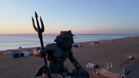 Drone Orbit Around King Neptune Statue at Sunrise in Virginia Beach Stock Footage 339206551