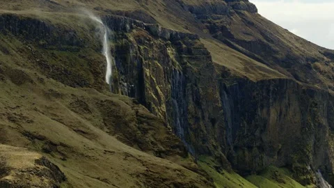 Drone orbit around Kvernufoss waterfall and basalt cliffs near Skogar, South Stock-Footage 344036815