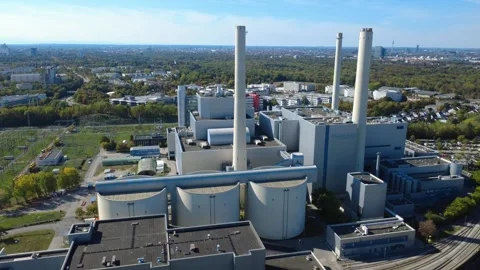 Drone Orbit Around Large Combined Heat and Power Plant in Munich, Germany Video stock 347684374