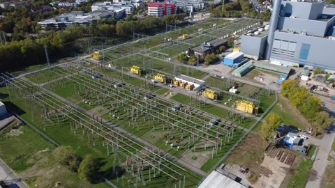 Drone Orbit Around Large Electrical Substation in Munich, Germany Stock Footage 347719000