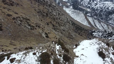 Drone Orbit Around People On Mountain Peak. Kazakhstan, Sayram-Ugam Park Vidéo 332937249