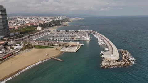Drone orbit around Port Olímpic, Barcelona, Spain. Stock Footage 319943887