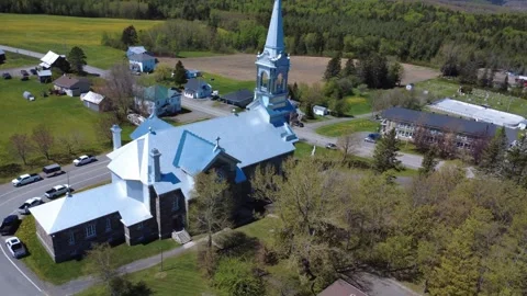 Drone Orbit Around Saint-Damase Heritage Church Steeple Stock Footage 341438268
