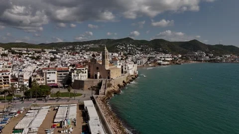 Drone orbit around Sitges city and church, Spain. Stock Footage 319944469