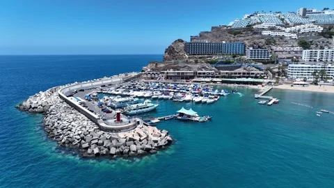 Drone Orbit Around Small Port with Tourist boats and yachts. Stock Footage 310142556