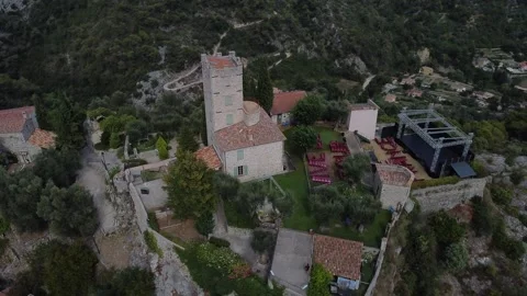 Drone Orbit Around Tower In Mountains Cinematic Stock Footage 331661297