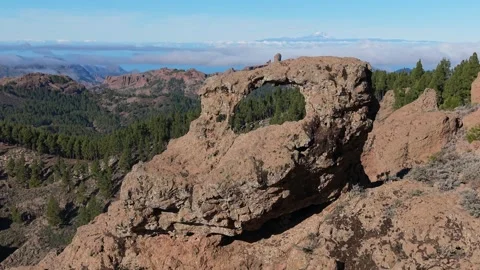 Drone Orbit around Ventana del Nublo Revealing Roque Nublo and Mount Teide Stock Footage 346803226