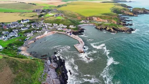 Drone Orbit of Collieston Harbour, Scotland Stock Footage 333202677