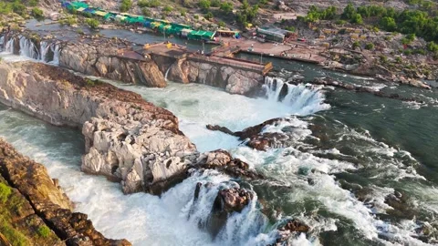 Drone-orbit-dhuandhar-waterfall-bhedaghat-narmada-river-jabalpur-madhya-prad Stock Footage 341423474
