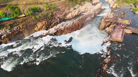 Drone-orbit-dhuandhar-waterfall-marble-gorge-bhedaghat-jabalpur-madhya-prade Stock Footage 341423083