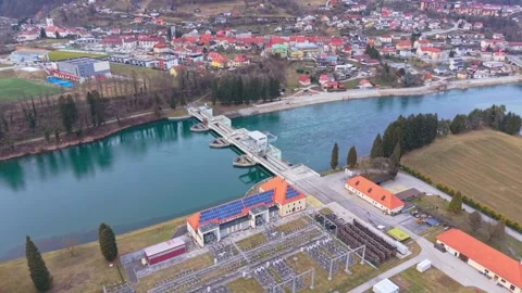 Drone orbit hydroelectric dam Stock Footage 330227405