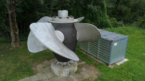 Drone Orbit of a Hydropower Turbine on Display (Kaplan Runner) Stockbeeldmateriaal 343929811