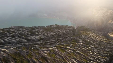 Drone Orbit Ijen Crater Edge Golden Hour East Java Indonesia Volcanic Landscape Stock Footage 334647454