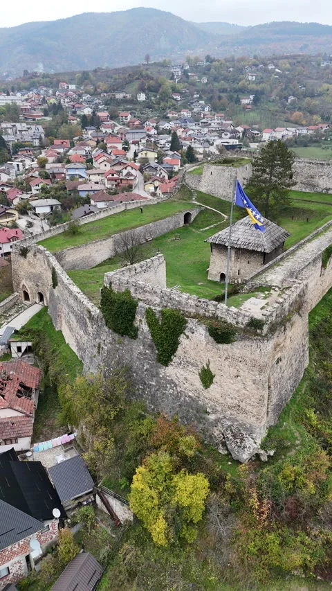 Drone Orbit of the Medieval Jajce Fortress and Citadel Stock Footage 331863733