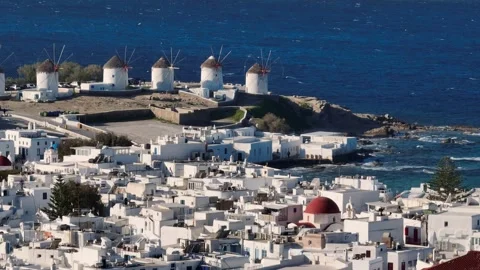 Drone Orbit of Mykonos Rooftops and Famous Windmills Stock-Footage 316117287