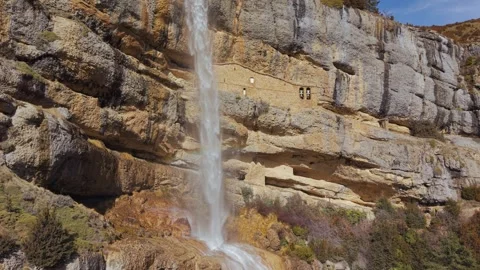 Drone Orbit Revealing Yebra de Basa Cliffside Hermitages Stock Footage 345815217