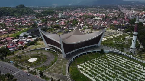 Drone Orbit Right to Left Over Padang Grand Mosque, West Sumatra, Indonesia Stock Footage 315248849