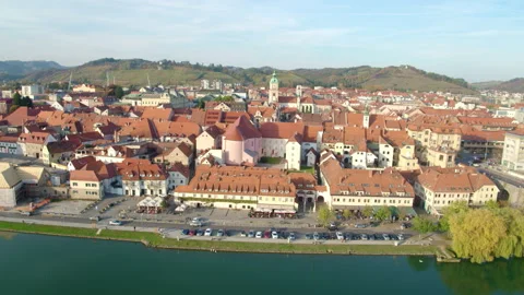 Drone Orbit Shot Of A City Alongside River Stock Footage 136096958