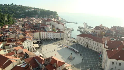 Drone Orbit Shot Of A City Alongside Ocean Stock Footage 136664714
