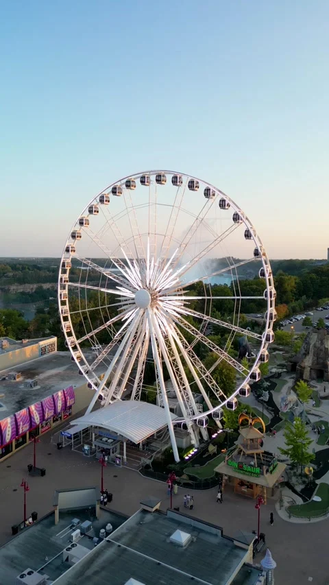 Drone Orbit Shot Keeping Niagara SkyWheel Centered Over Clifton Hill District, Video stock 330450784