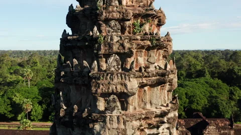 Drone orbit of a spire at Angkor Wat temple Stock Footage 246770668