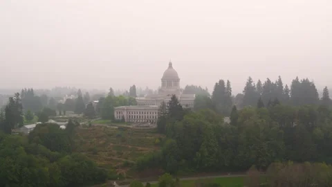 Drone orbit of Wahington state capitol building and surrounding buildings, lake Stock Footage 139246508
