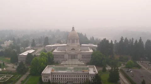 Drone orbit of Wahington state capitol building and surrounding buildings, lake Stock Footage 139246620
