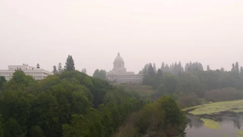 Drone orbit of Wahington state capitol building and surrounding buildings, lake Stock Footage 139246835