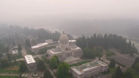Drone orbit of Wahington state capitol building and surrounding buildings, lake Stock Footage 139246952