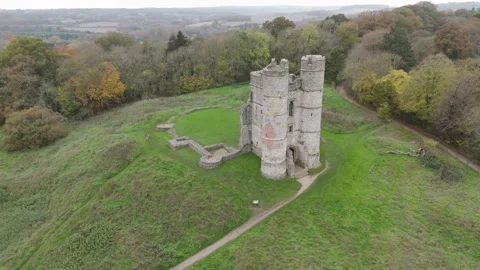 Drone orbital view of Donnington Castle ruins, highlighting the preserved Stock Footage 294176661