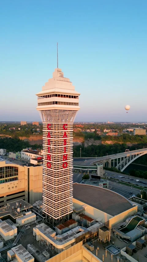 Drone Orbiting Casino Niagara Tower in Niagara Falls Tourist District, Ontario, Video stock 330450789