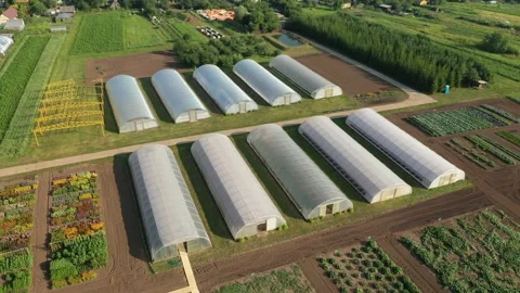 Drone orbiting greenhouse complex in Kashira Video stock 328689941