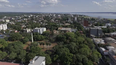 Drone orbits around west side of Plaza de Armas in Encarnación, Paraguay Stock Footage 295812452