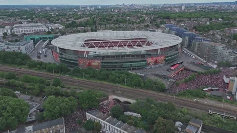 Drone Orbits the Emirates Stadium at the Arsenal Trophy Parade [4K] Stock Footage 336391964