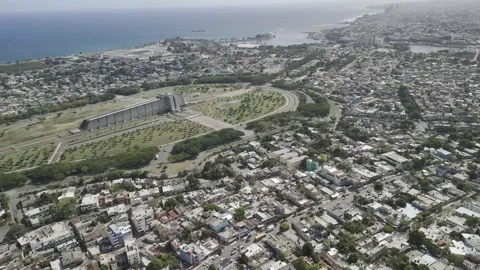 Drone orbits high over the Columbus Lighthouse in Santo Domingo province Stock Footage 308819675